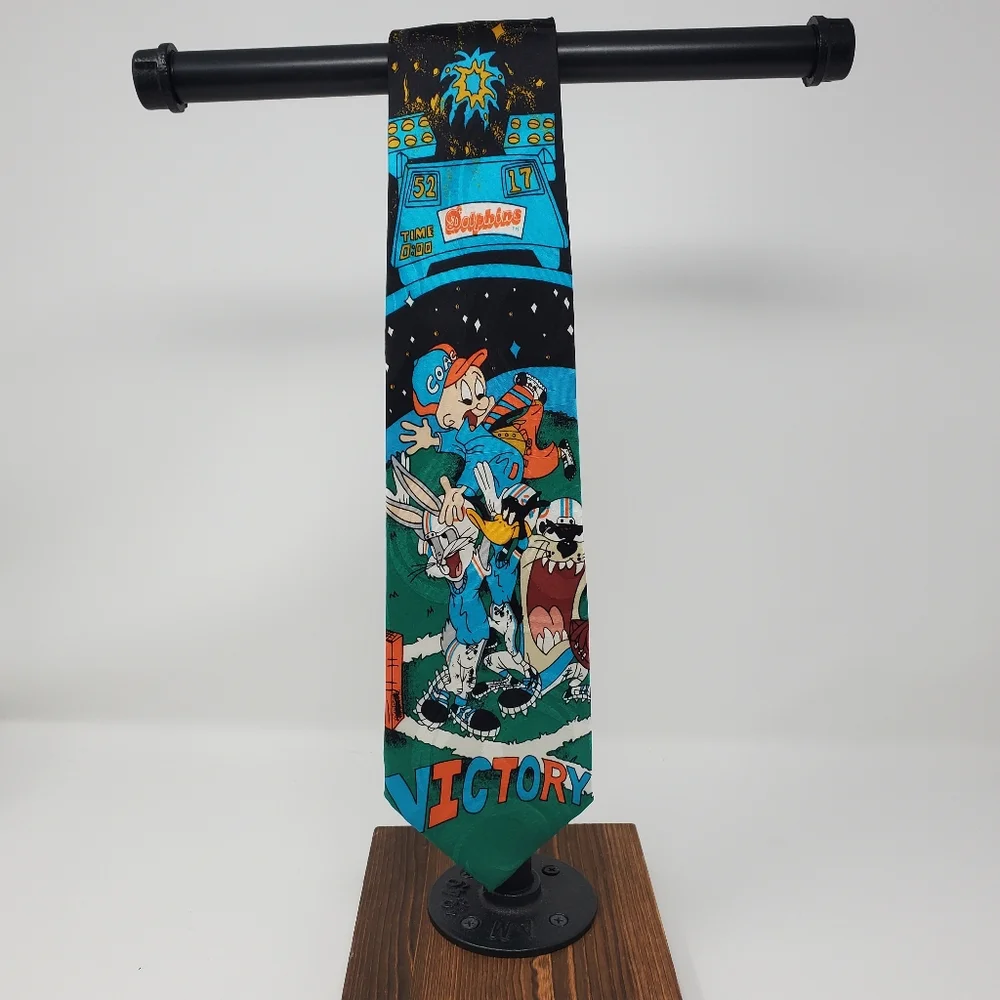 Vintage 1993 Loonie Tunes NFL Dolphins Silk Tie EUC